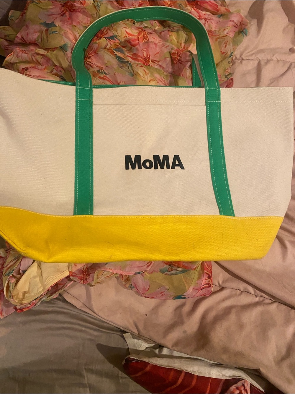 Moma Canvas Tote in White with Yellow Base and Green Handles